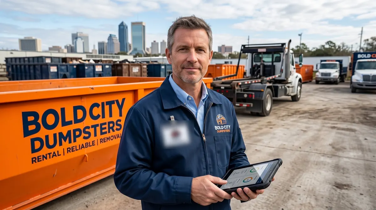 Bold City Dumpsters staff member holding a tablet in the container yard, with roll-off containers and trucks behind