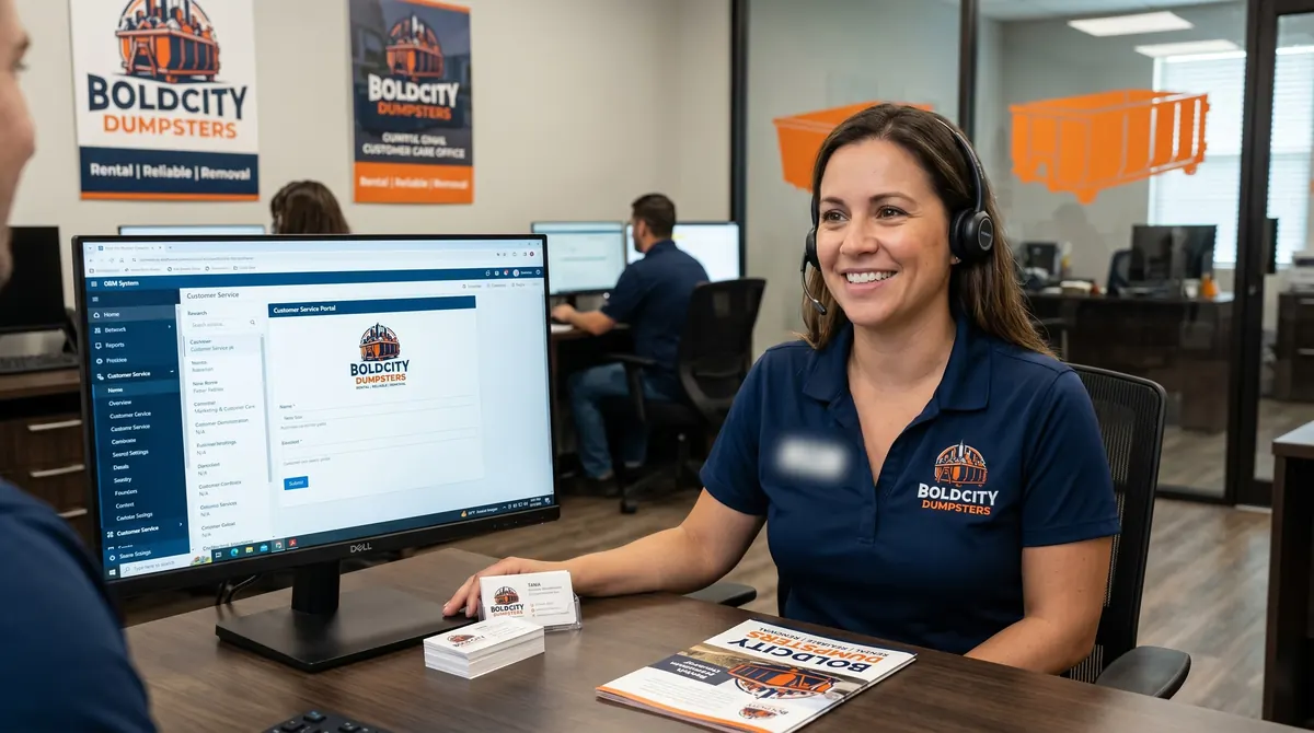 Bold City Dumpsters staff member wearing a headset at the customer-care desk