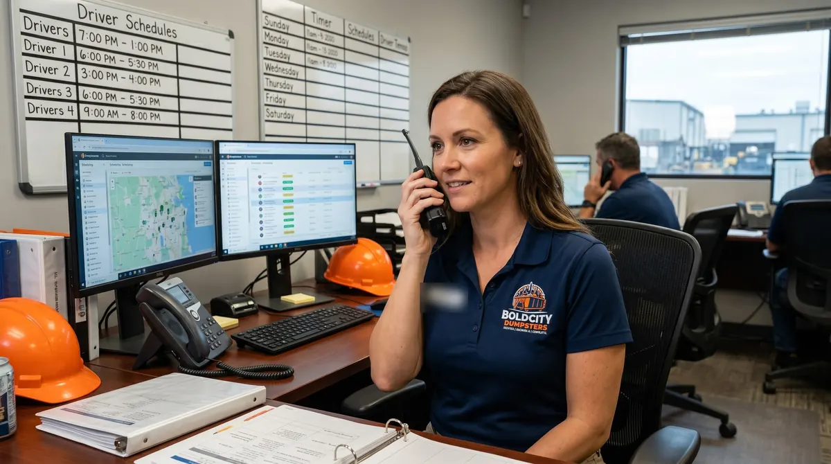 Bold City Dumpsters staff member on the phone at a dispatch desk with route maps on the screens