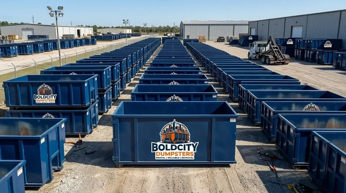 Bold City Dumpsters roll-off containers lined up in rows in the yard