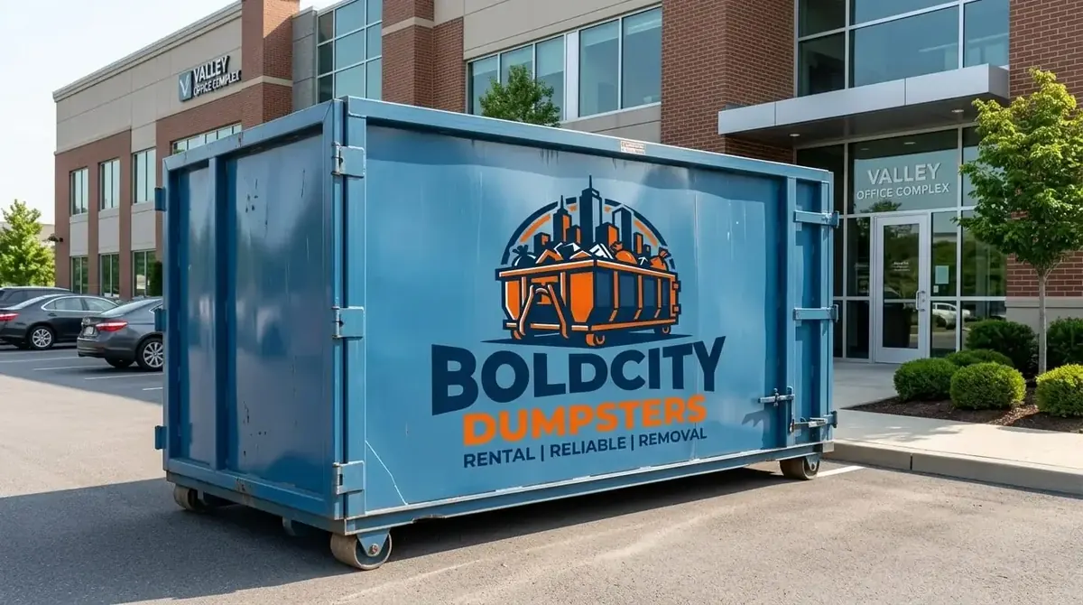 Bold City Dumpsters roll-off container in a commercial parking lot
