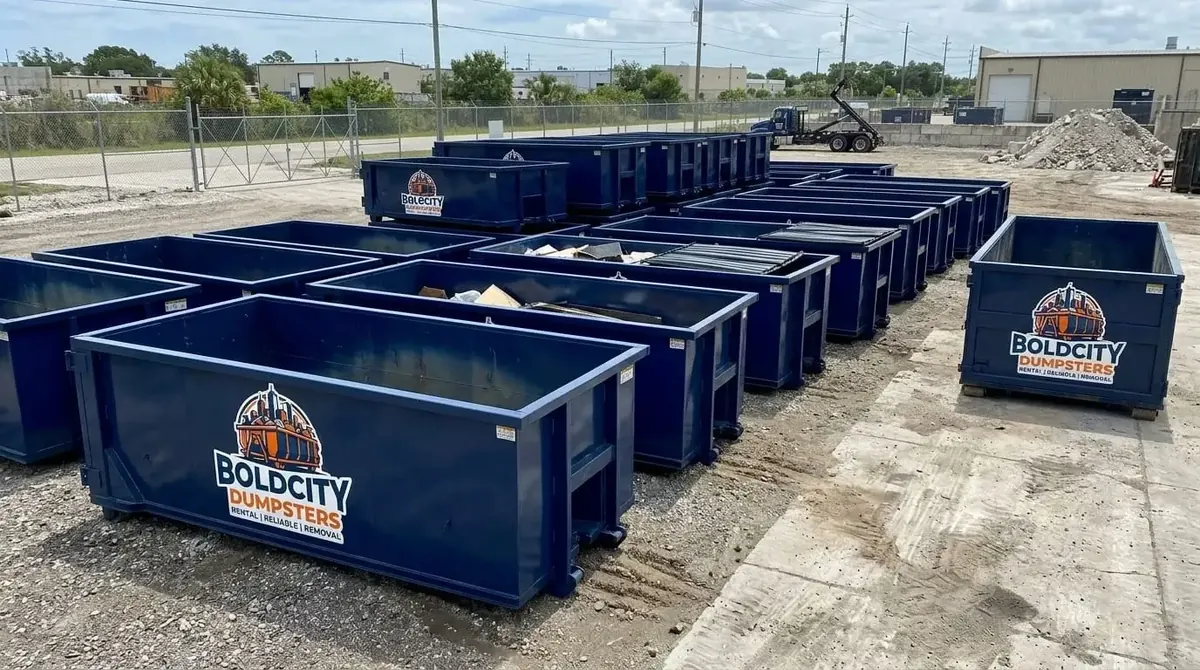 Bold City Dumpsters roll-off containers in several sizes on a gravel lot